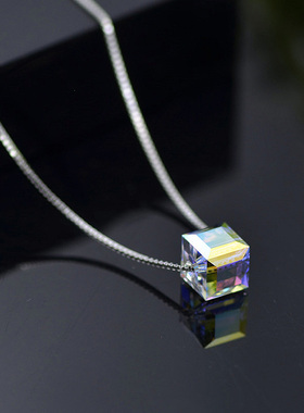 极光方糖S925纯银项链女银锁骨链日韩简约奥地利无暇水晶魔方吊坠