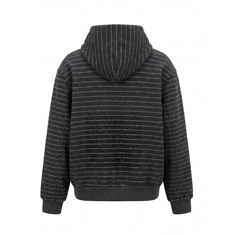 CATSSTAC gray striped wool plus velvet hooded cardigan sweatshirt for men, soft and skin-friendly, loose jacket