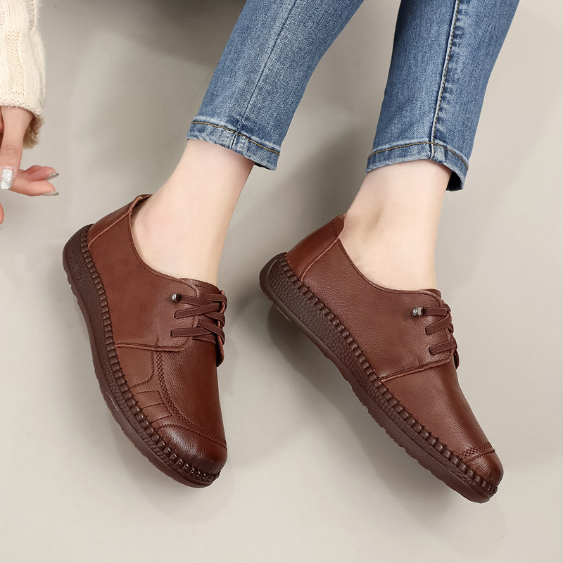 春秋真皮单鞋上海花牌妈妈鞋中老年人女鞋平底奶奶鞋舒适百搭皮鞋,淘宝优惠券,粉丝福利购,淘宝优惠卷