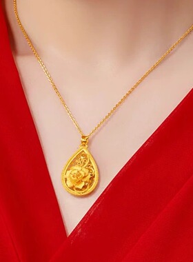 新中式镀黄金水滴吊坠女精品牡丹