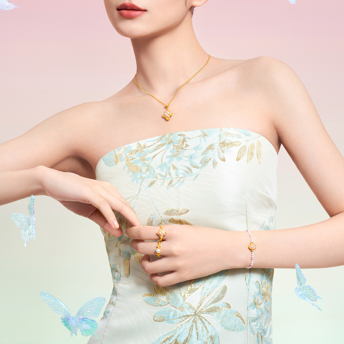 周大福SOINLOVE 蜜粉金十里红妆玉露盈盈黄金珍珠戒指生日礼物 - 图1