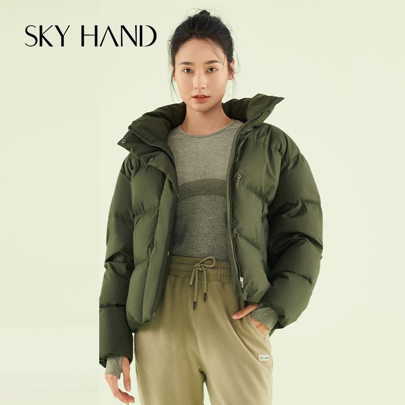 SKYHAND短款运动羽绒服女秋冬款小个子军绿色立领修身户外面包服