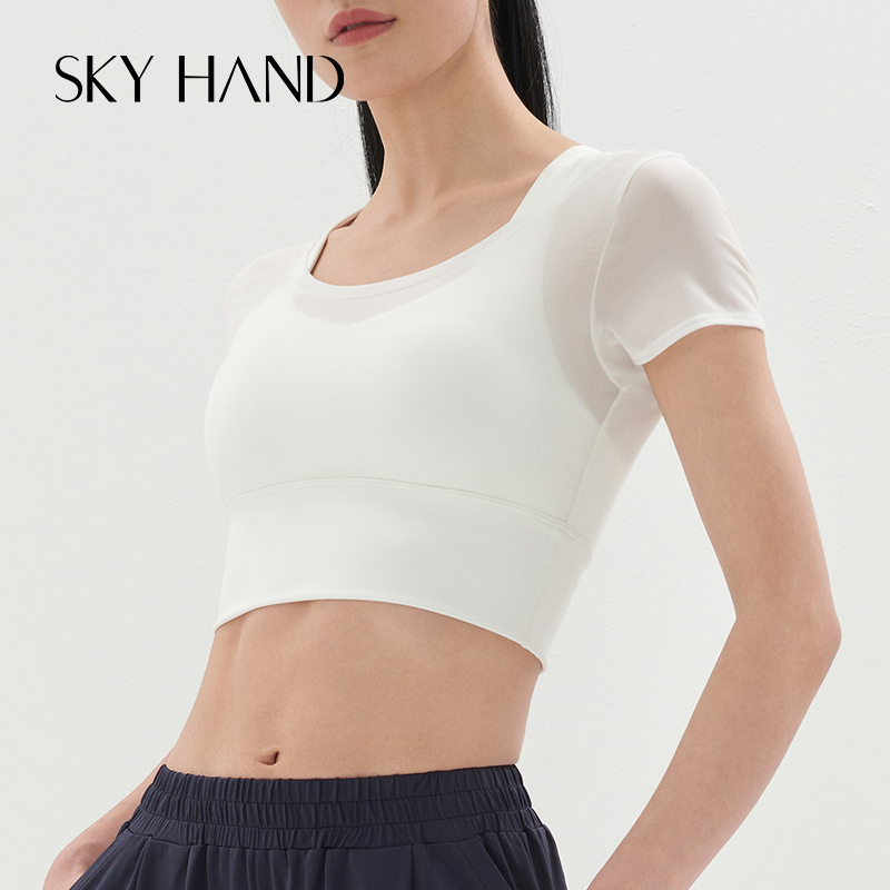 SKYHAND 运动内衣女防震跑步带胸垫速干美背瑜伽背心外穿短袖上衣 - 图0