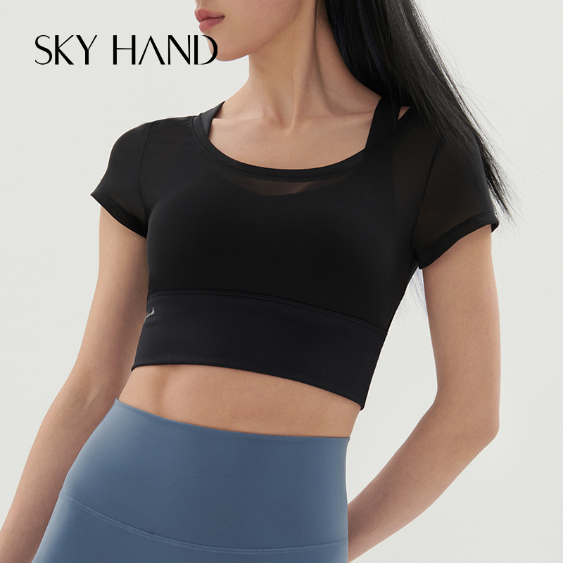 SKYHAND 运动内衣女防震跑步带胸垫速干美背瑜伽背心外穿短袖上衣 - 图2