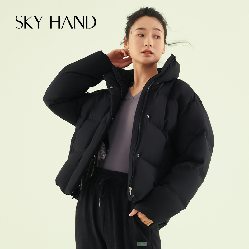 SKYHAND短款运动羽绒服女秋冬款小个子军绿色立领修身户外面包服