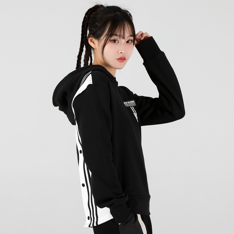 adidas阿迪达斯三叶草套装女2024春季新款排扣裤长裤运动连帽卫衣-图1