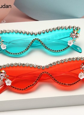 ins网红同款猫眼时尚太阳眼镜夸张女潮墨镜彩色镜片水钻金属铰链