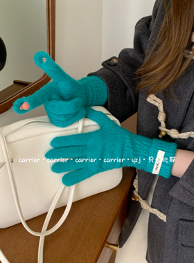 姜黄色～露指可触屏贴标针织毛线手套女秋冬韩系ins保暖骑车防风