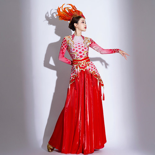 开场舞大摆裙演出服中国风打鼓服龙女歌伴舞长裙龙吟九州舞蹈服装 - 图1