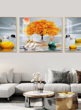 轻奢鹿大气客厅装饰画沙发背景墙挂画现代简约壁画晶瓷镶钻三联画