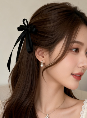 简约气质黑色飘带蝴蝶结弹簧夹女