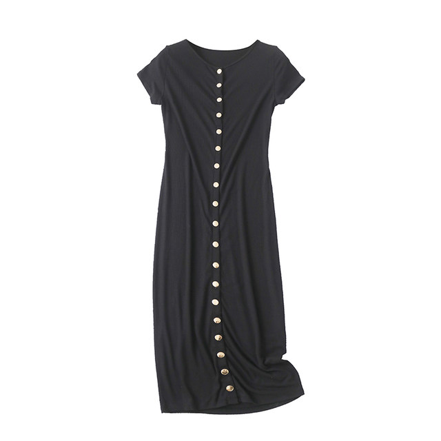 Round neck single row snap button hip dress