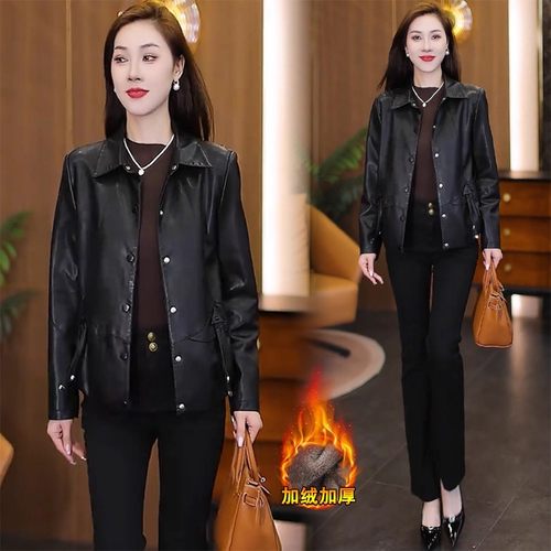 翻领皮衣外套女加绒加厚2025秋冬新款时尚气质保暖显瘦皮夹克上衣 - 图1