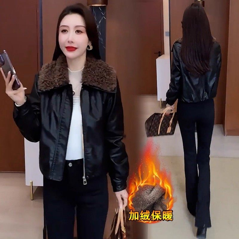 时尚气质加绒皮衣外套女士冬季2025新款小个子翻领短款保暖皮夹克,淘宝优惠券,粉丝福利购,淘宝优惠卷