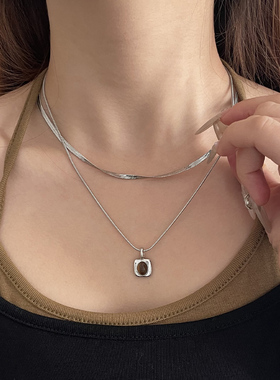 小众设计棕色方形吊坠双层项链女