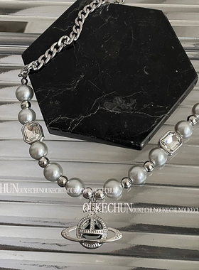 小众轻奢y2k辣妹星球灰珍珠项链