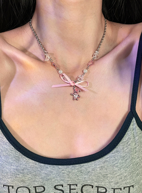 清新可爱粉色小熊蝴蝶结辣妹项链