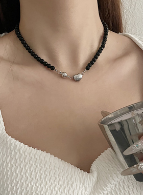 小众轻奢钛钢爱心黑色串珠项链女
