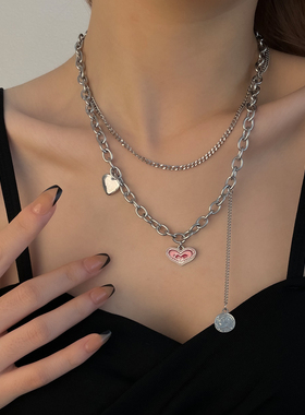 钛钢女双层叠戴爱心项链