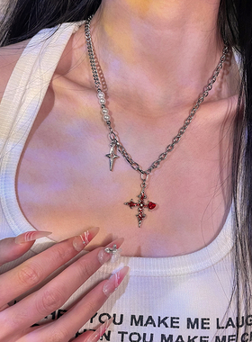 男女款嘻哈红色十字架个性项链