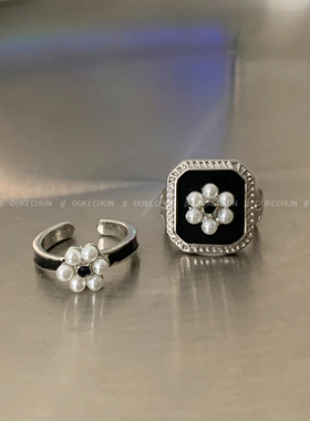 两件套装复古气质珍珠花朵戒指女