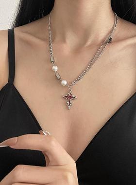 哥特风红色十字架y2k辣妹项链女