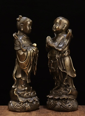 黄铜金童玉女童男童女观音侍从护法家具店铺供奉工艺品摆件
