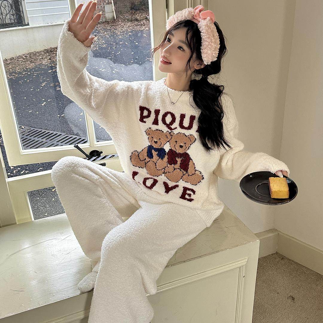 日系LOVE字母小熊软绵绵云感绒冬季加厚保暖情侣睡衣卡通家居服男,淘宝优惠券,粉丝福利购,淘宝优惠卷