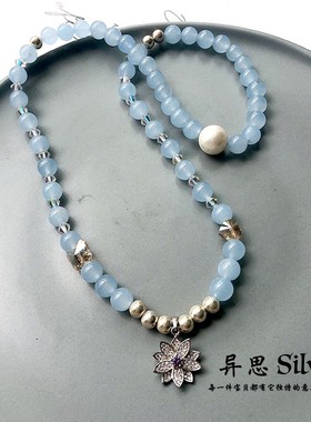 原创设计天然海蓝宝三层手链 满钻莲花奥地利水晶弹力手串 个性女