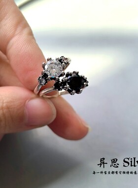 异思 日韩小众 S925纯银黑白钻闪亮无名指中指开口戒指 复古百搭