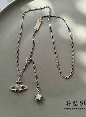 韩国S925纯银土星五角星坦克链 方牌五角星锁骨项链 休闲百搭时尚