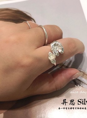 异思 民族风 荷塘月色 S925纯银立体荷叶花朵戒指 素银开口戒银饰