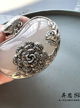 民族风 S925纯银山茶花朵马克赛石超大吊坠白玉髓毛衣坠 大气高档