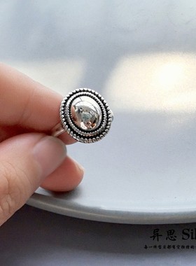 原创 S925通体纯银光面椭圆形复古纹理食指开口戒 极简大气轻奢