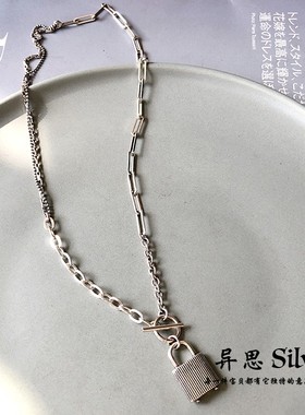 韩国东大门 S925纯银项链 OT扣条纹锁头别针拼接方形链 个性小众