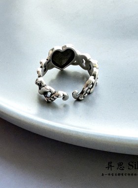 S925通体纯银爱心绞花食指中指开口戒指 个性百搭 质感复古时尚女