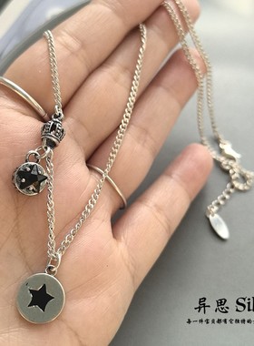 S925通体纯银黑色五角星圆牌项链 皇冠链条亮银正反两面 9.45克