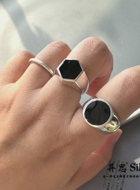 韩国 S925通体纯银黑色六边形圆形食指开口戒 大气夸张 亮面极简