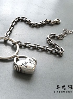 韩国 S925纯银3mm太角链心跳耳机爱心做旧手链 小众个性 质感潮酷