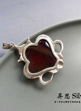 民族风S925纯银切面石榴锆石皇冠吊坠 复古厚重大气毛衣坠 高档