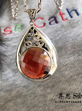 原创设计 S925纯银钩花水滴红色石榴锆石切面吊坠 厚重大气毛衣坠