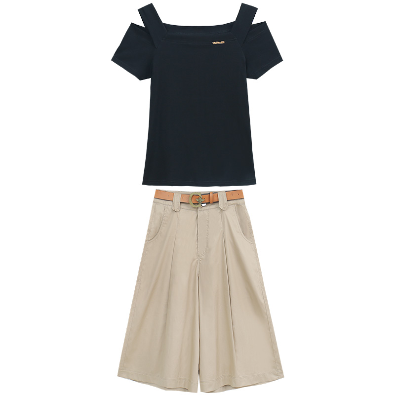 卡貂尼旗舰店休闲阔腿裤女中裤宽松五分裙裤卡其色薄款新款夏七分时尚套装3