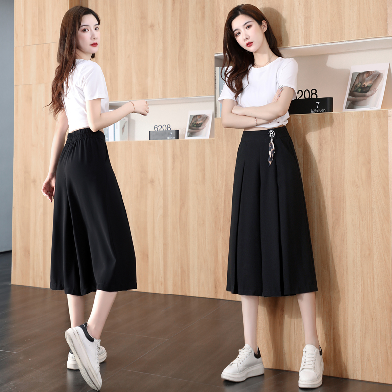 卡貂尼旗舰店雪纺黑色休闲裤阔腿裤女夏薄款七分裤2022年新款短裤垂感宽松裙裤0