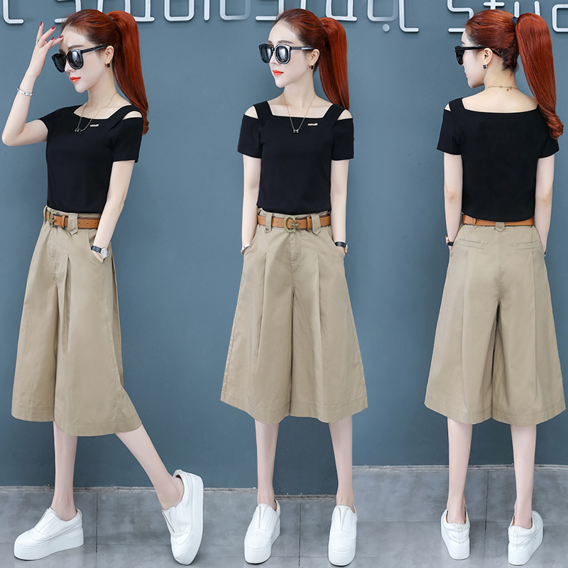 卡貂尼旗舰店休闲阔腿裤女中裤宽松五分裙裤卡其色薄款新款夏七分时尚套装1