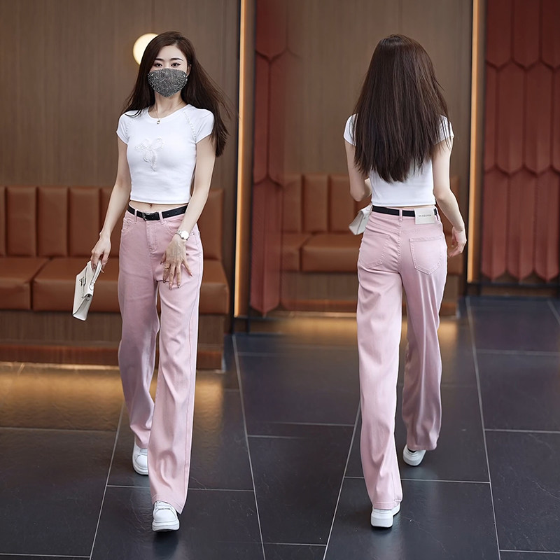 夏季薄款高腰直筒窄版阔腿裤牛仔裤女2024新款天丝垂感休闲女裤子,淘宝优惠券,粉丝福利购,淘宝优惠卷