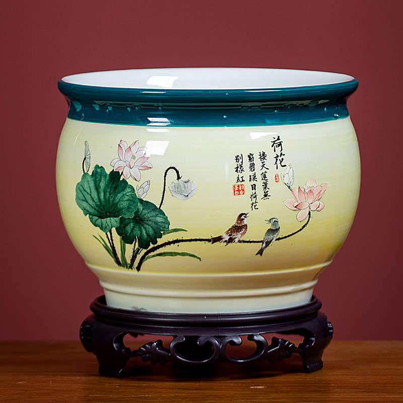 花盆陶瓷带底座古风淡黄透气盆景盆栽兰花专用吊兰室内文竹盆清仓,淘宝优惠券,粉丝福利购,淘宝优惠卷