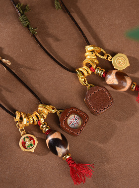 新中式藏式吊坠绳虎牙天珠小方唐卡五路财神文玩复古民族风脖挂