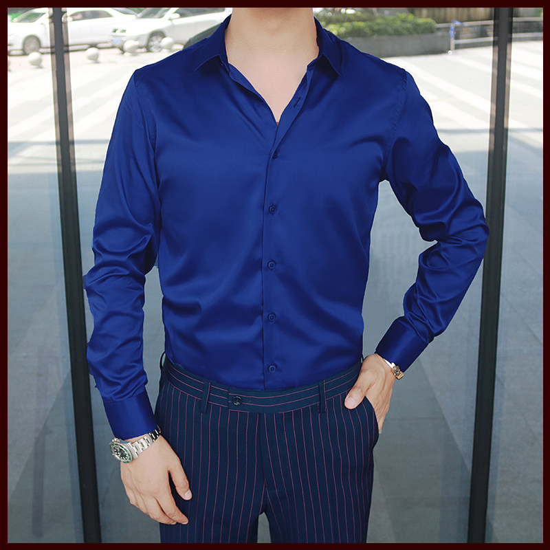睿仕先生宝蓝绸缎长袖衬衣英伦商务绅士职场修身雅痞型男高端衬衫_虎窝淘