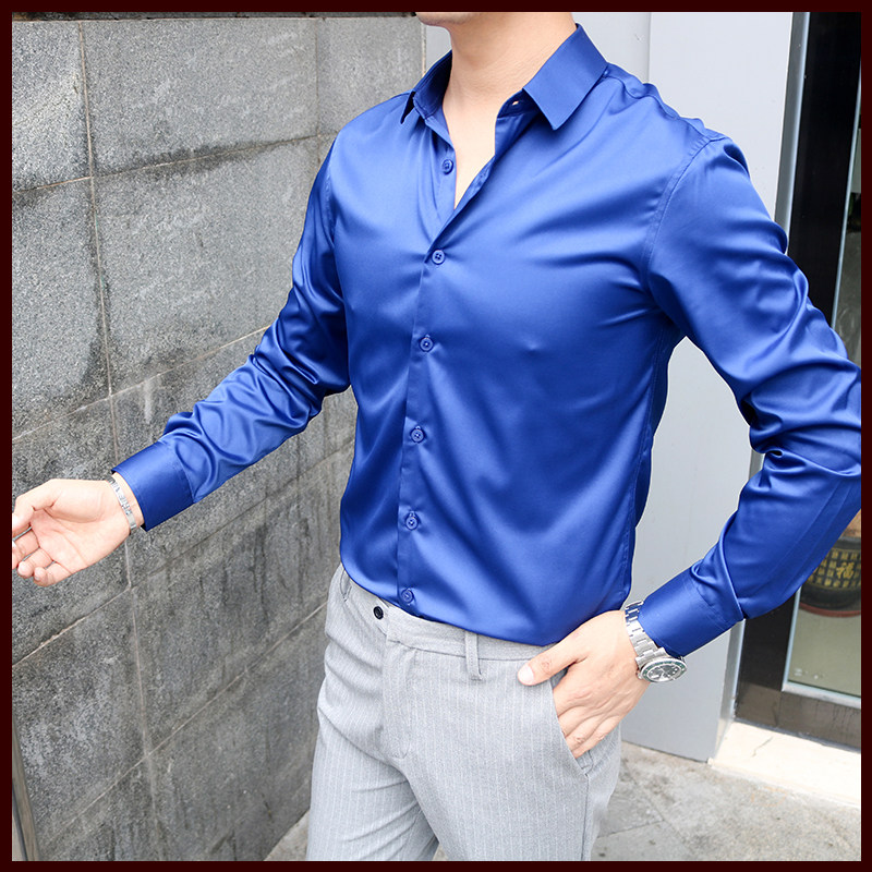 睿仕先生宝蓝绸缎长袖衬衣英伦商务绅士职场修身雅痞型男高端衬衫_虎窝淘