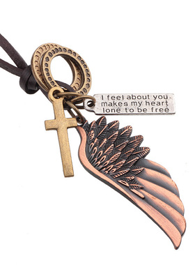 天使翅膀真皮项链欧美风格牛皮项链跨境流行嘻哈饰品厂家